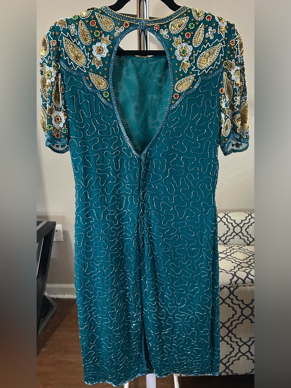 Laurence Kazar Teal Beaded Embroidered Dress 100% silk - Picture 2 of 3